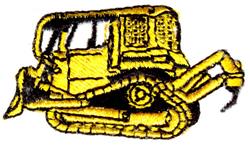 Cartoonish yellow bulldozer with clear tracks and blade, featuring bold outlines in a playful style.