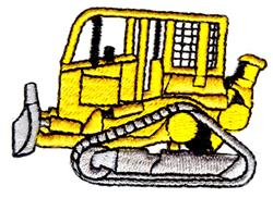Playful yellow bulldozer with tracks and a detailed cab, cartoonish style on a white background.