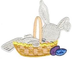 Cute white bunny lounging in a yellow basket, surrounded by colorful eggs, perfect for Easter-themed decor.