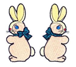 Whimsical bunnies with blue bows, cheerful expressions, and pastel colors, perfect for Easter décor.