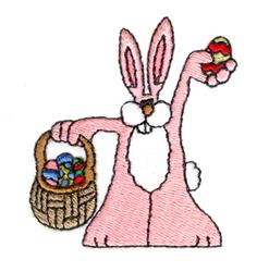 Cheerful pink bunny holding a colorful egg and a basket of decorated eggs, perfect for Easter celebrations.