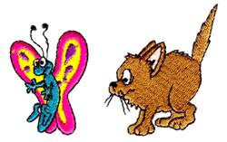 Whimsical butterfly in blue and pink hues with a playful brown cat, both showcasing intricate details, perfect for embroidery