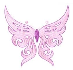 Intricate butterfly with elegant pink wings and darker purple accents, featuring graceful curves in a whimsical design.