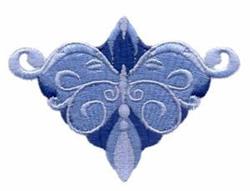 Stylized butterfly in shades of blue with elegant swirls, showcasing symmetrical design perfect for quilting.