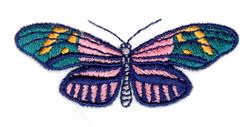 Vibrant butterfly with colorful pink, teal, and yellow wings, featuring a delicate, symmetrical design.