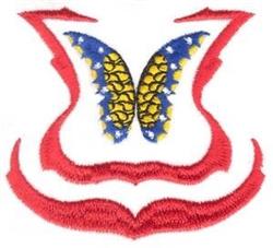 Vibrant butterfly with intricate blue and yellow details, accentuated by a bold red outline. Perfect for decorative stitching