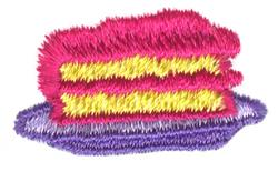 Vibrant birthday cake slice with pink frosting and yellow cake on a purple plate, perfect for embroidering kitchen towels.