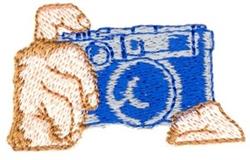 Playful design featuring a hand holding a bright blue retro camera with detailed stitching.
