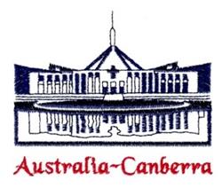 Architectural building reflecting Canberra in water, featuring blue and white with red text, nautical style.