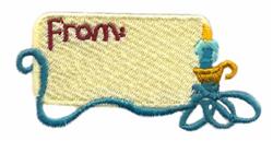Playful label featuring 'From' in red on a yellow background, next to a whimsical blue candle with a yellow flame.