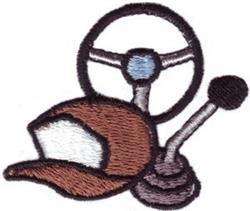 Playful cap with a white front panel, set against a black-outlined steering wheel and blue gear shift.