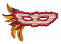 Applique mask with a vibrant red outline, cream base, and playful yellow feathers, ideal for Carnival.