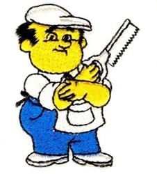Cartoonish carpenter in a white shirt and blue pants holding a saw, whimsical and colorful design.