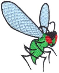 Cartoon fly with a vibrant green body, large blue wings, and striking red eyes, perfect for playful designs.