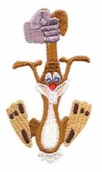 Cartoon rabbit with brown fur and a white belly, playfully hanging upside down with a purple hammer.
