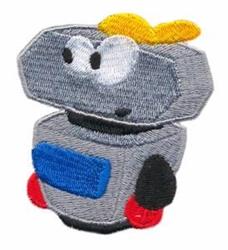 Cute cartoon robot with a gray body, yellow hair tuft, and playful red and blue accents.