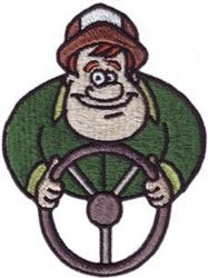 Playful cartoonish driver in a green shirt and brown hat, smiling while holding a steering wheel.