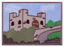 Vibrant cartoon castle with towers, lush greenery, and a graceful bridge under a light blue sky.