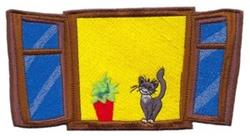 Playful cat lounging by a brown window, next to a green potted plant, set against a vibrant yellow background.