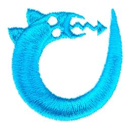 Abstract design featuring a playful cat-like figure with blue hues, rounded shape, and pointed ears.