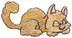 Playful cartoon cat curled up in warm tan and beige, featuring fluffy fur, pink ears, and a curled tail.