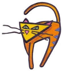 Playful cat portrait with a vibrant triangular face, bold orange and yellow colors, and whimsical blue accents.