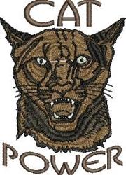 Bold cat face with fierce brown and black stripes, bared teeth, and 'CAT POWER' text. Perfect for machine embroidery.
