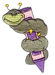 Playful caterpillar with a smiling face coils around a vibrant purple crayon, featuring colorful textures ideal for kids.