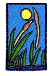 Cattails in a vibrant applique design, with a blue background, yellow sun, and lush green grass.