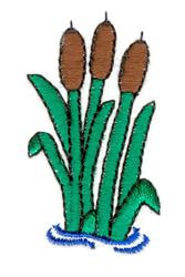 Cattails in vibrant hues rise from blue water, featuring stylized green leaves and brown heads in a simple, nature-inspired d