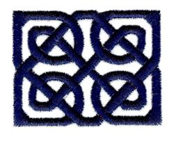Celtic knot design in dark blue thread on a white background, showcasing intricate details and symmetrical patterns.