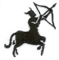 Minimalist centaur archer silhouette with bow and arrow in black thread on white background.