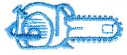 Cartoon chainsaw in blue, featuring a simple design focusing on shape and outline, ideal for machine embroidery.