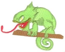 Playful chameleon perched on a branch with wide eyes and a long red tongue, cartoonish style.