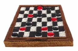 Textured checkerboard pattern with bold black and white squares, accented by red and black pieces and a brown border.