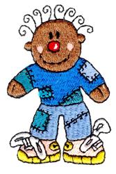Cartoonish playful character with spiral hair, patchwork clothing, and sneakers, vibrant design for embroidery.