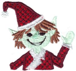 Cheerful elf with green skin wearing a red outfit, waving joyfully in a whimsical holiday theme.