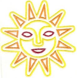 Cartoonish cheerful sun with vibrant yellow rays, orange and red accents, and a smiling face.