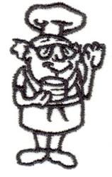 Cartoon chef in an apron and hat, waving with a plate. Minimalist black outlines on white.