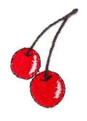 Cartoonish red cherries with glossy sheen connected by black stems, simple and playful design.