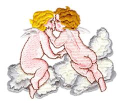 Whimsical cherubs play on fluffy clouds, featuring pastel colors and detailed angelic expressions in a romantic scene.