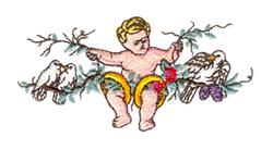 Whimsical cherub holding floral branches with two birds, springtime colors create a joyful scene.