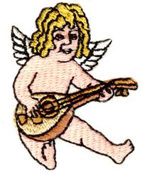 Whimsical cherub with blonde hair and small wings plays a string instrument, perfect for Valentine's Day decor.