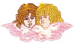 Two cherubic faces with curly hair smiling playfully, adorned with pink angel wings and golden stars, perfect for holiday the