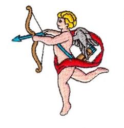 Cherubic figure aiming a blue bow with yellow hair and tiny wings, dressed in a flowing red sash. Perfect for Valentine's Day