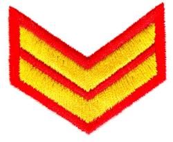 Chevron emblem in applique style featuring bold yellow stripes with bright red borders, textured and symmetrical.