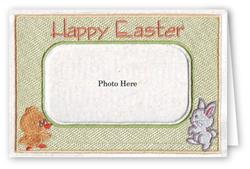 Playful chick and bunny on a festive light green Easter card, featuring 'Happy Easter' text and a photo placeholder.