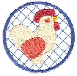 Stylized chicken with red accents in a playful design, framed in blue with a net pattern for vibrant kitchen decor.