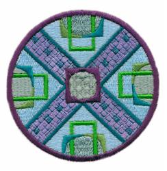 Vibrant circular geometric design featuring shades of purple, blue, and green with textured abstract shapes.