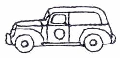 Classic car in simple line art with rounded shapes, outlined wheels and windows, and a minimalistic design.